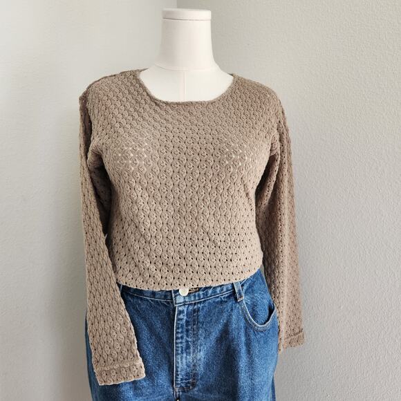 Vintage 90s Taupe Brown Open Knit Long Sleeve Pullover Sweater Top Neutral L - Picture 1 of 9